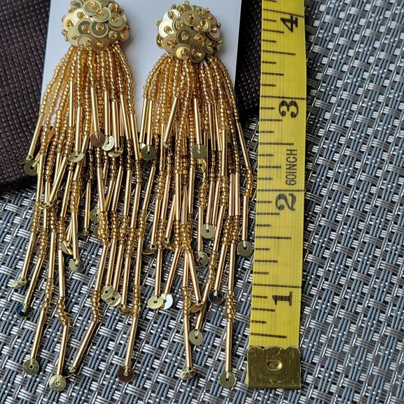KATE SPADE "Glitzville" Gold Sequin & Beaded Long Tassel Earrings - Picture 5 of 7